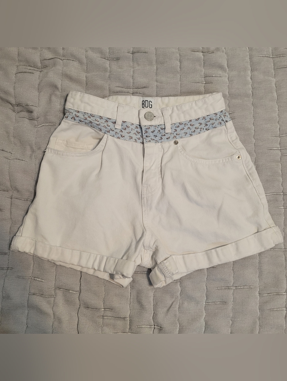 BDG White Jean Shorts with Blue Floral  Trim